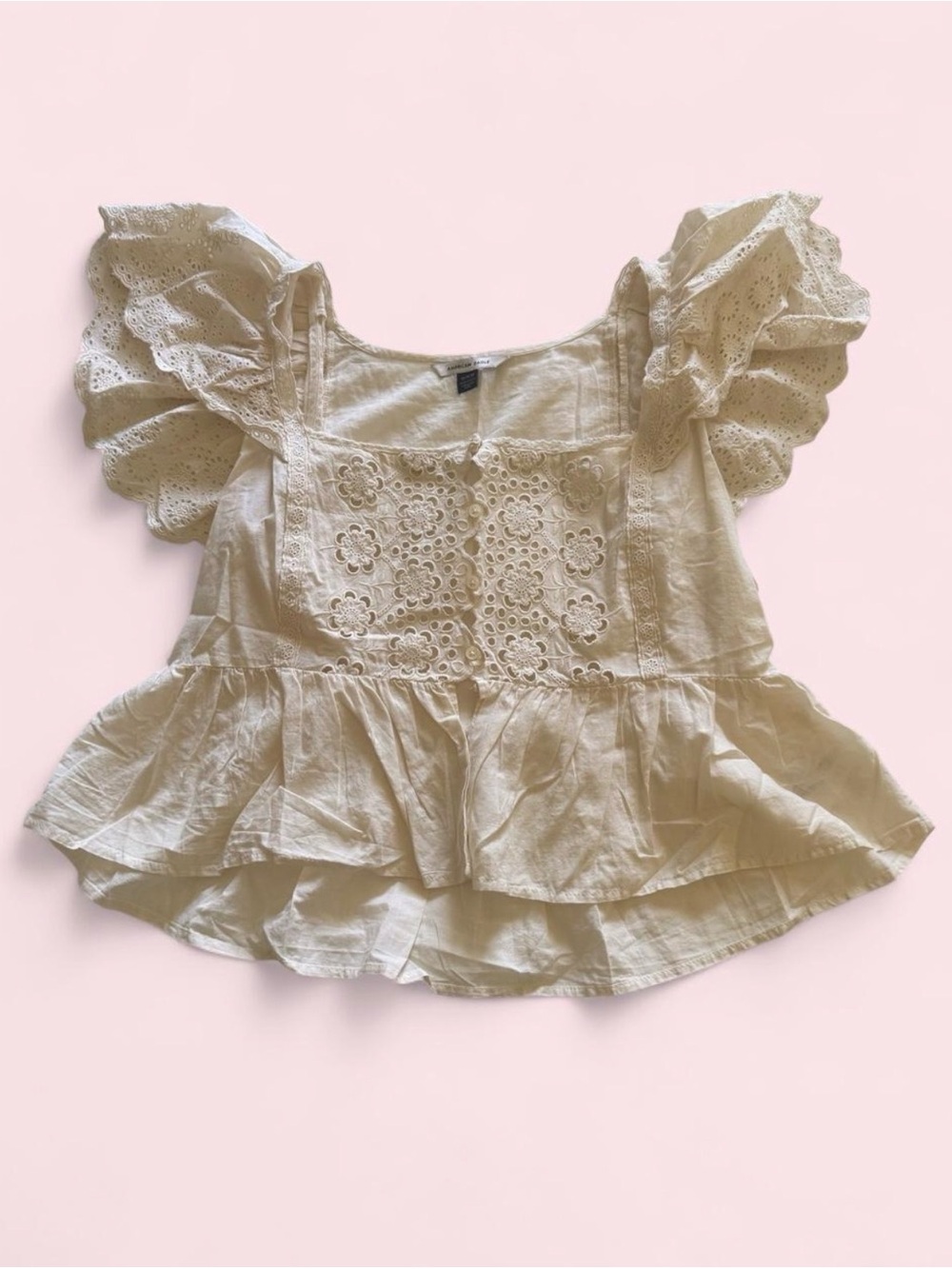 100% Cotton AE Lace-Trim Peplum Ruffle Sleeve Top - Cream